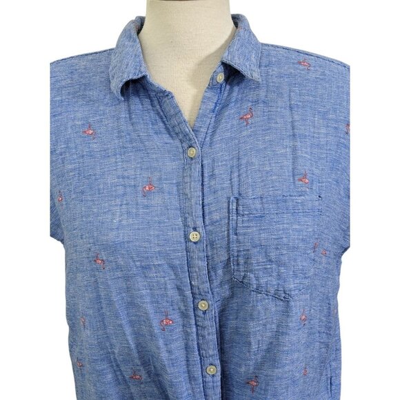 Old Navy Womens Button Up Tie Front Shirt Size L Blue Linen Cotton Flamingos - Picture 5 of 9